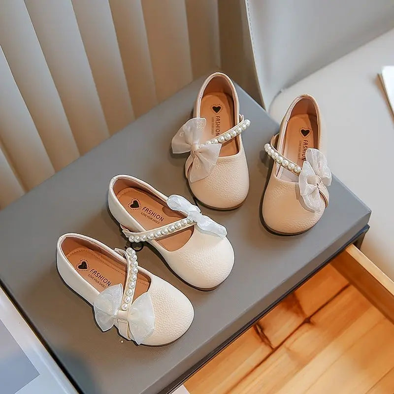 Pearl Bow Girls Party Dance Shoes Cream