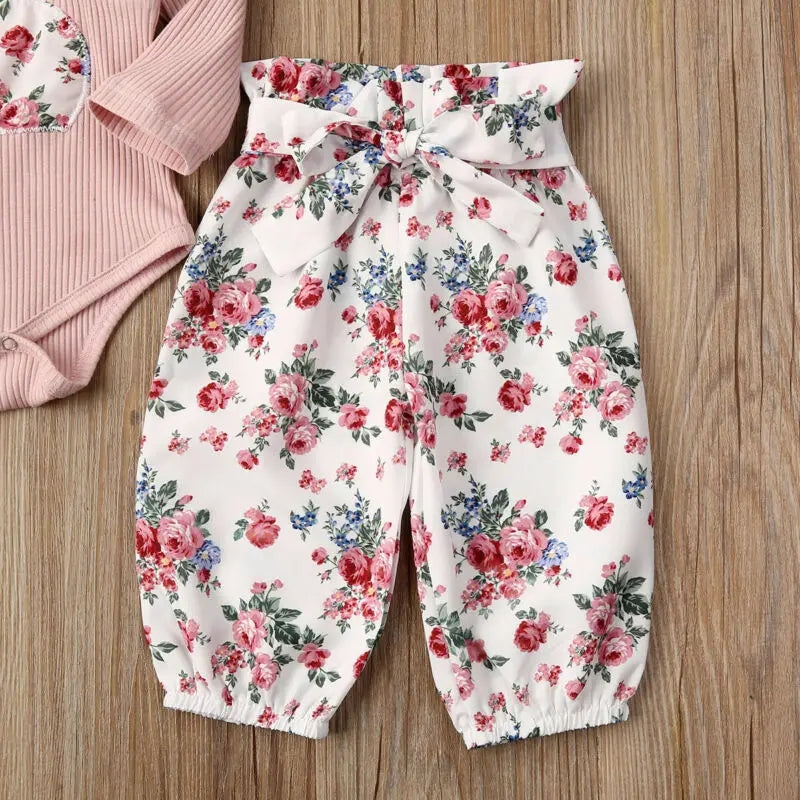 Ribbed Bunny Floral Romper and Bowknot Pants