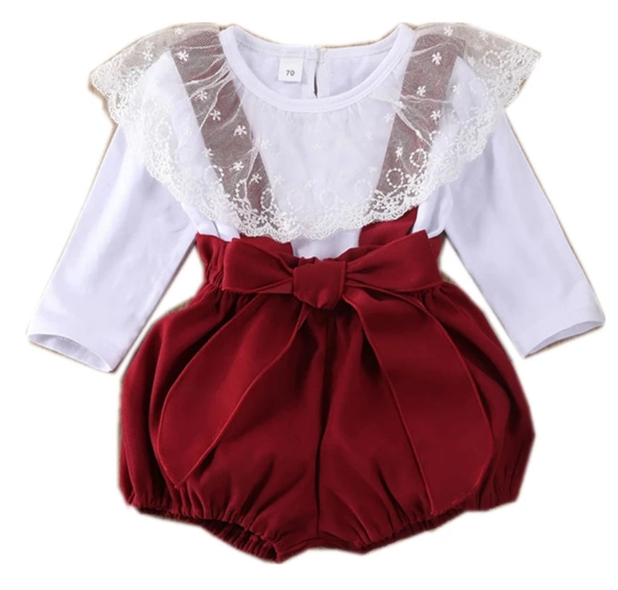 Yarn Lotus Leaf & Lace Top & Strapped Burgundy Overall Shorts