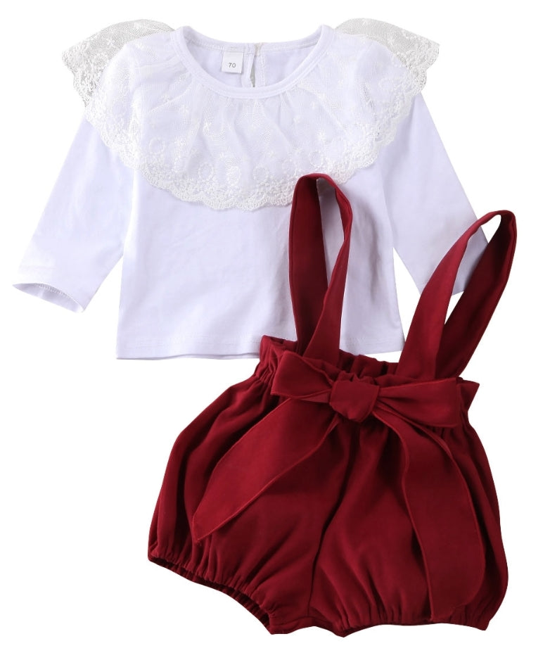 Yarn Lotus Leaf & Lace Top & Strapped Burgundy Overall Shorts
