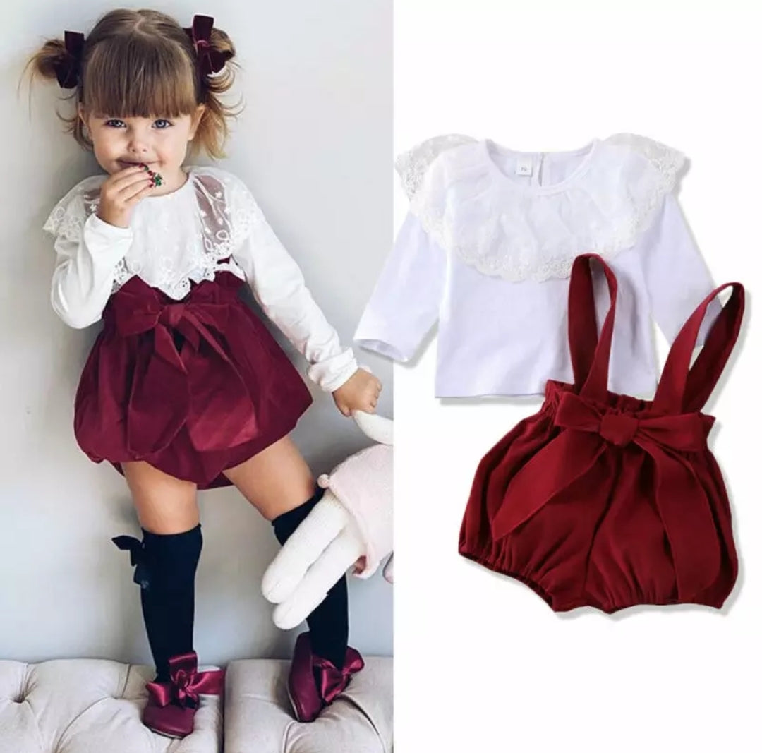 Yarn Lotus Leaf & Lace Top & Strapped Burgundy Overall Shorts