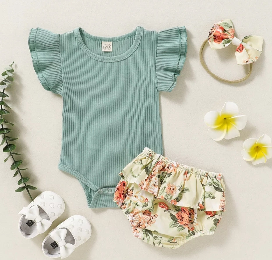 Mint Ruffle Sleeve Romper with Floral Bloomer and Headband