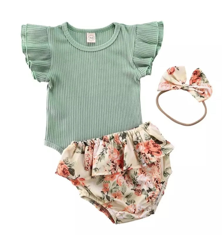 Mint Ruffle Sleeve Romper with Floral Bloomer and Headband