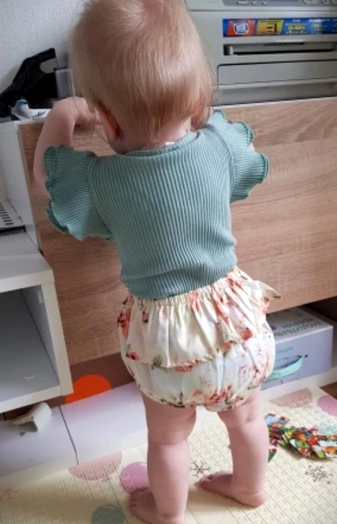 Mint Ruffle Sleeve Romper with Floral Bloomer and Headband