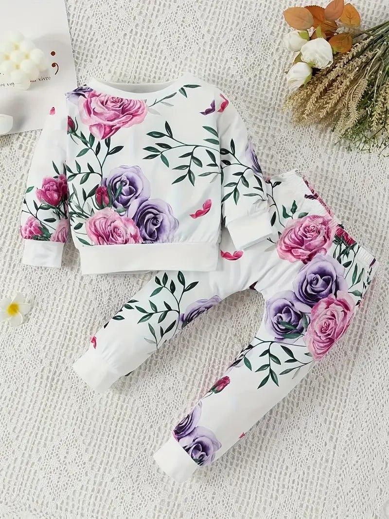 Floral Print Long Sleeve Round Neck T-shirt Top + Pants 2pcs Set