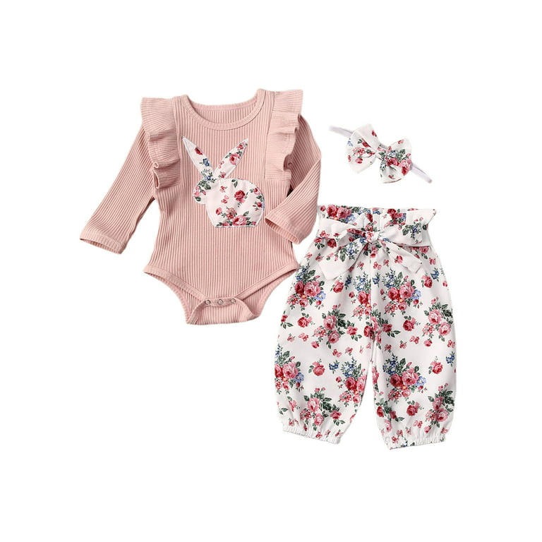 Ribbed Bunny Floral Romper and Bowknot Pants
