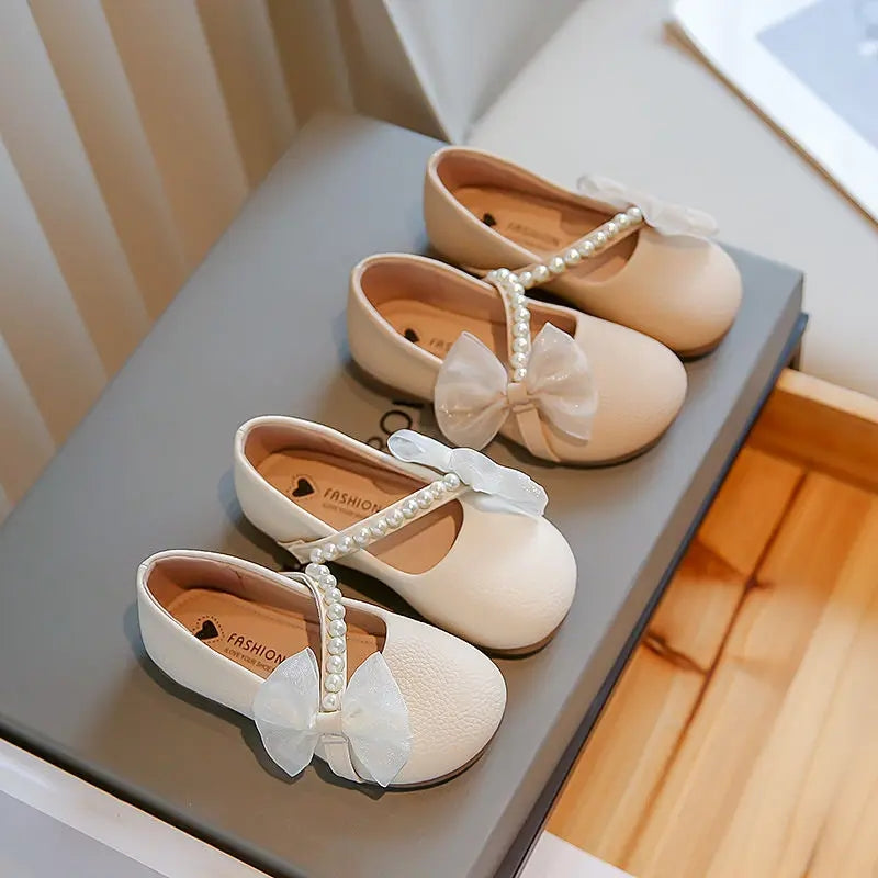 Pearl Bow Girls Party Dance Shoes Cream