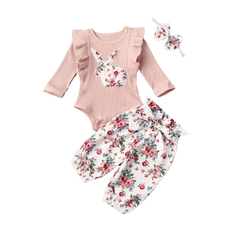 Ribbed Bunny Floral Romper and Bowknot Pants