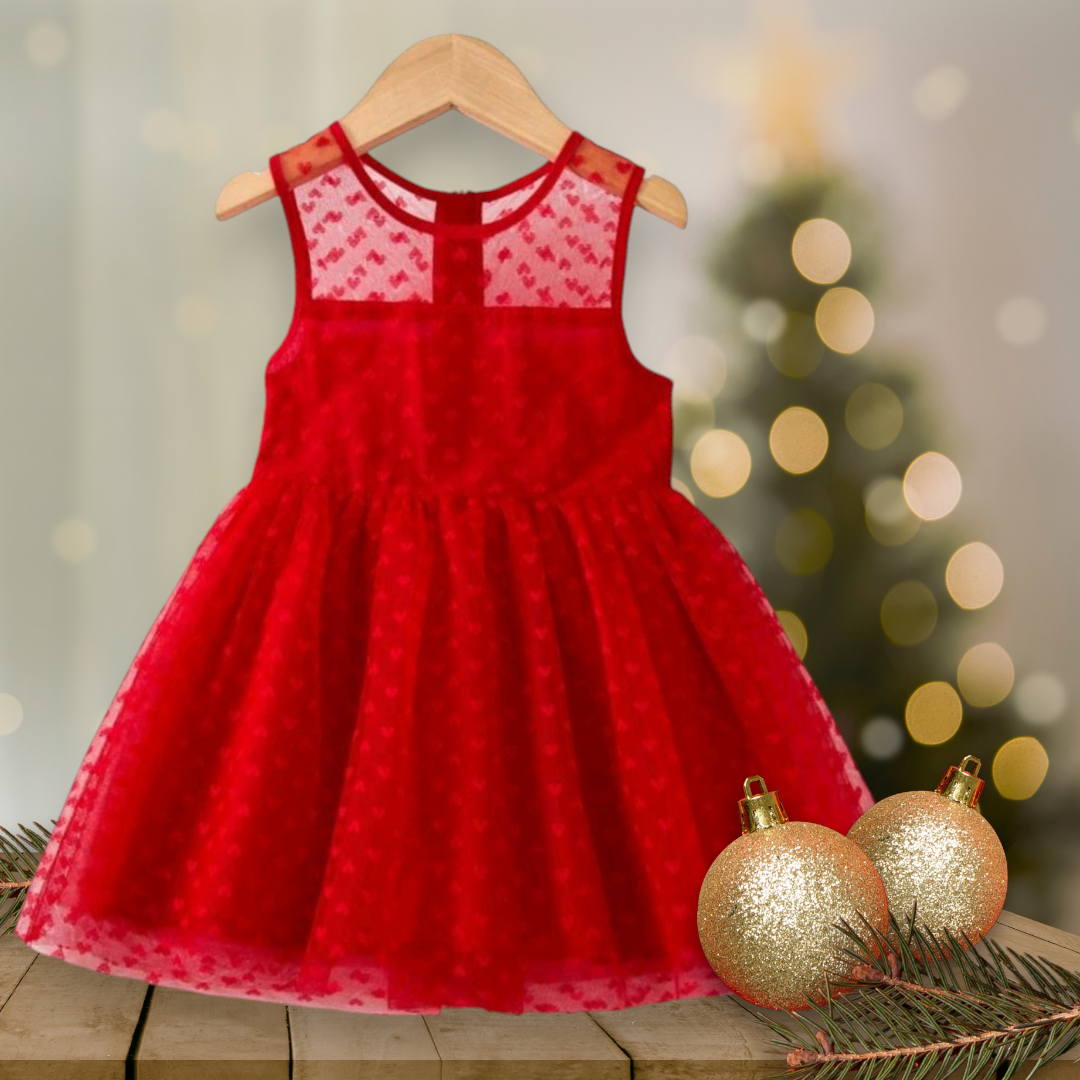 Red Mesh Dress with Heart Detail