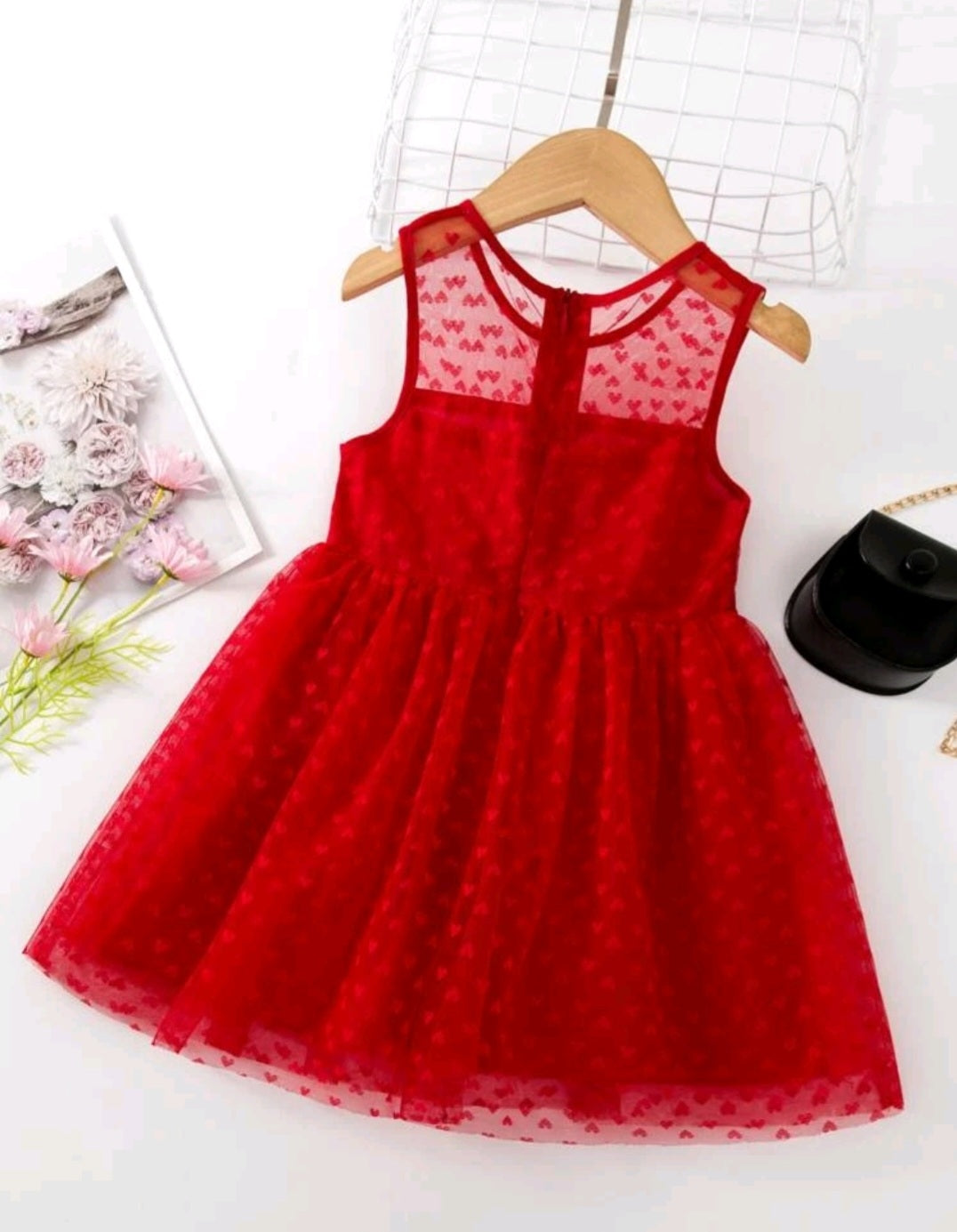 Red Mesh Dress with Heart Detail