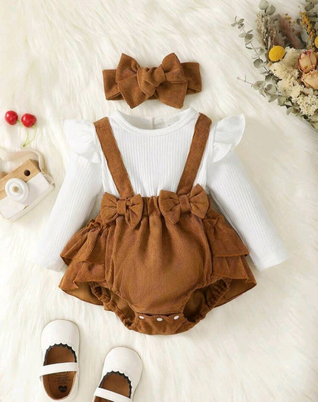 Ribbed White Romper with Brown Corduroy Suspended Bloomer (Overall) and Headband
