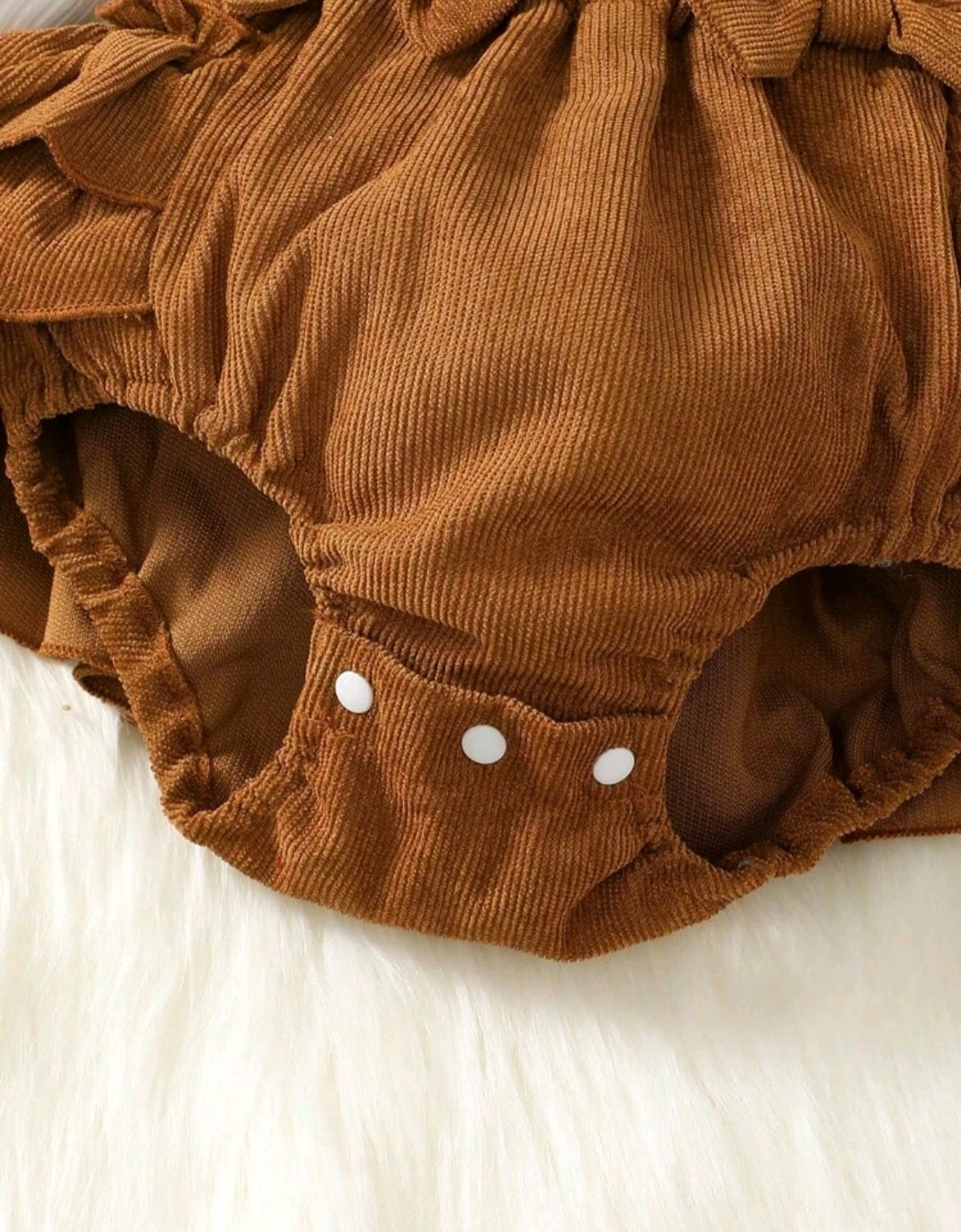 Ribbed White Romper with Brown Corduroy Suspended Bloomer (Overall) and Headband