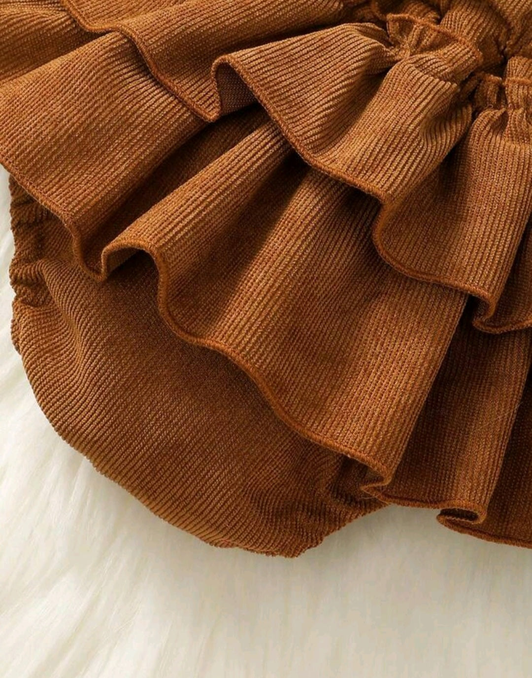 Ribbed White Romper with Brown Corduroy Suspended Bloomer (Overall) and Headband