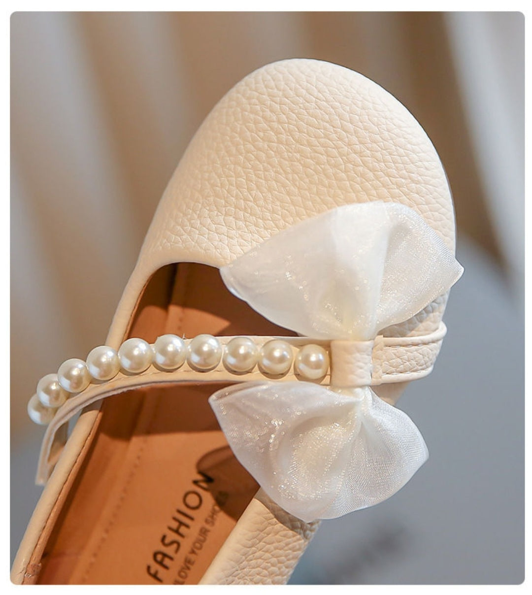 Pearl Bow Girls Party Dance Shoes Cream