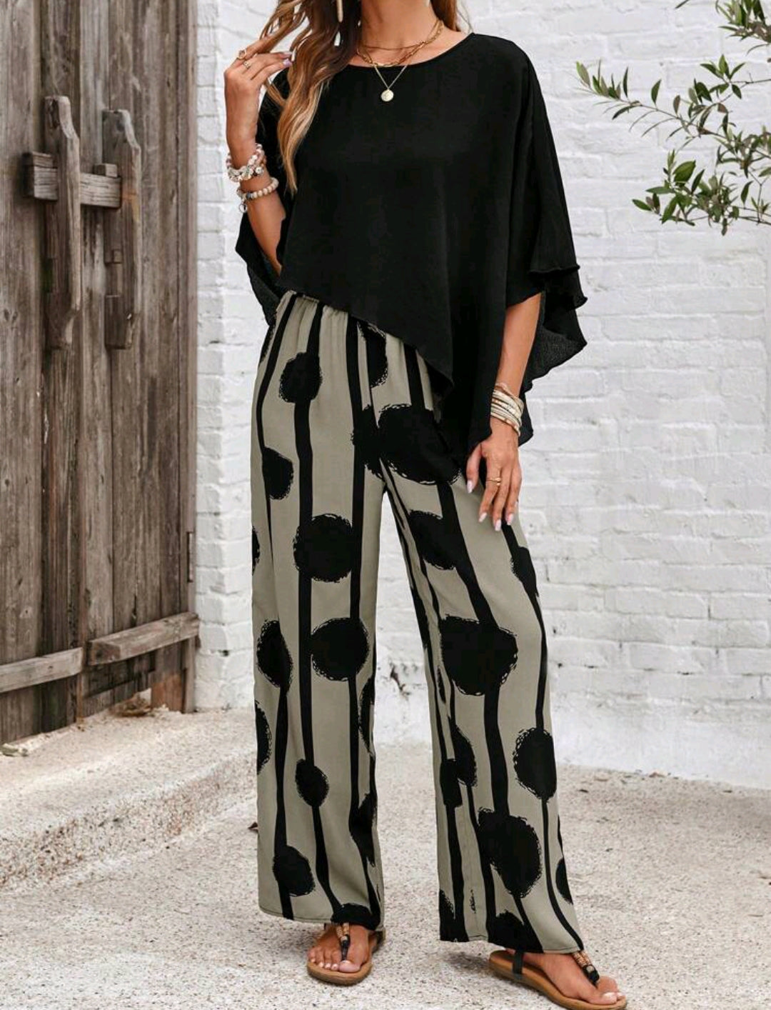 Solid Color Asymmetrical Hem Shirt And Color-Block Striped Circle Print Long Pants 2pcs/Set