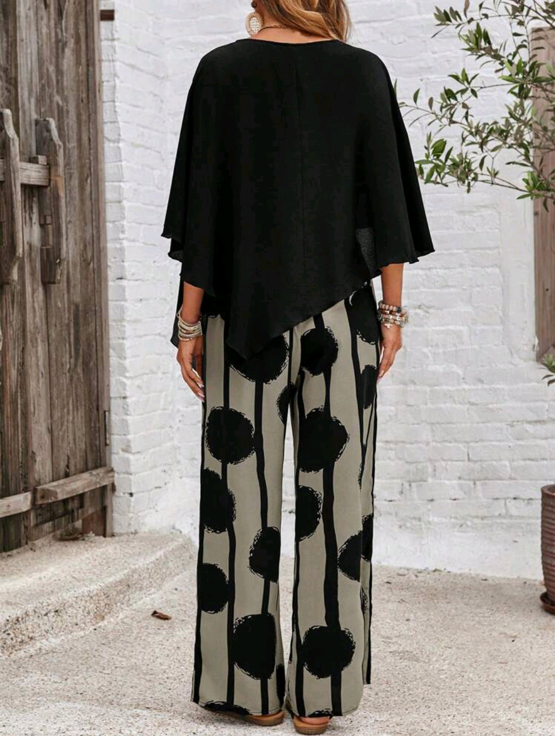 Solid Color Asymmetrical Hem Shirt And Color-Block Striped Circle Print Long Pants 2pcs/Set