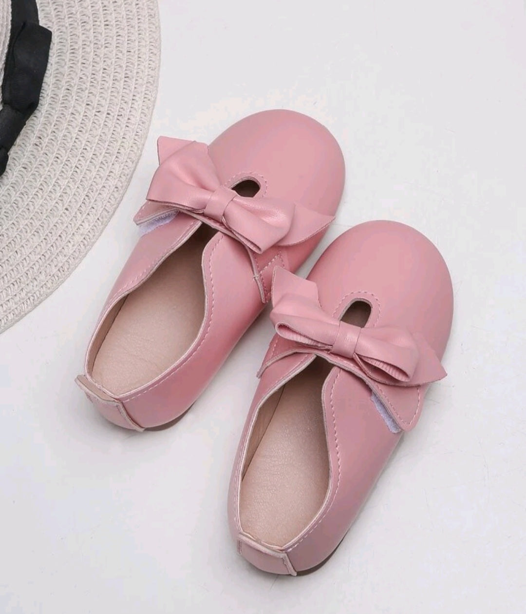 Girls Hook-and-Loop Leather Pink Flats with Bow