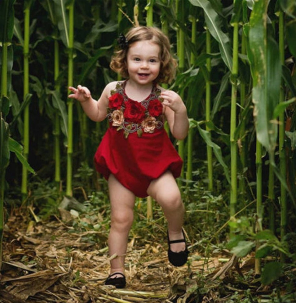 Red Silk Romper With Roses