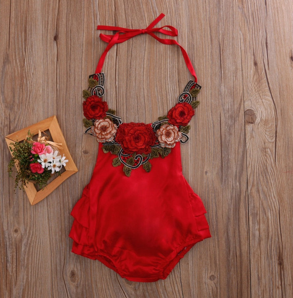 Red Silk Romper With Roses