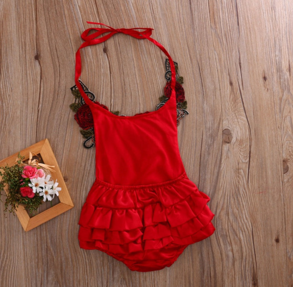 Red Silk Romper With Roses