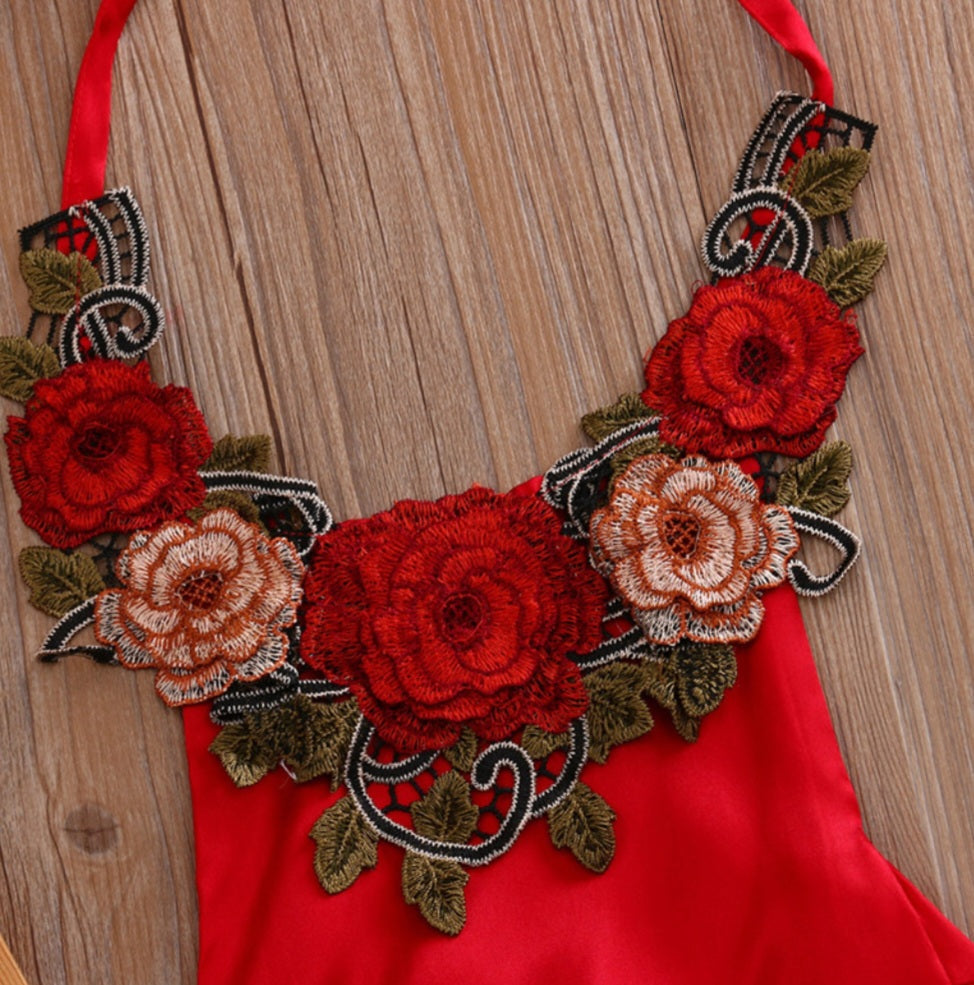 Red Silk Romper With Roses