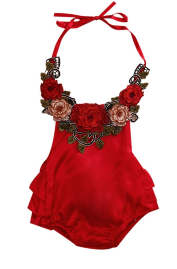 Red Silk Romper With Roses