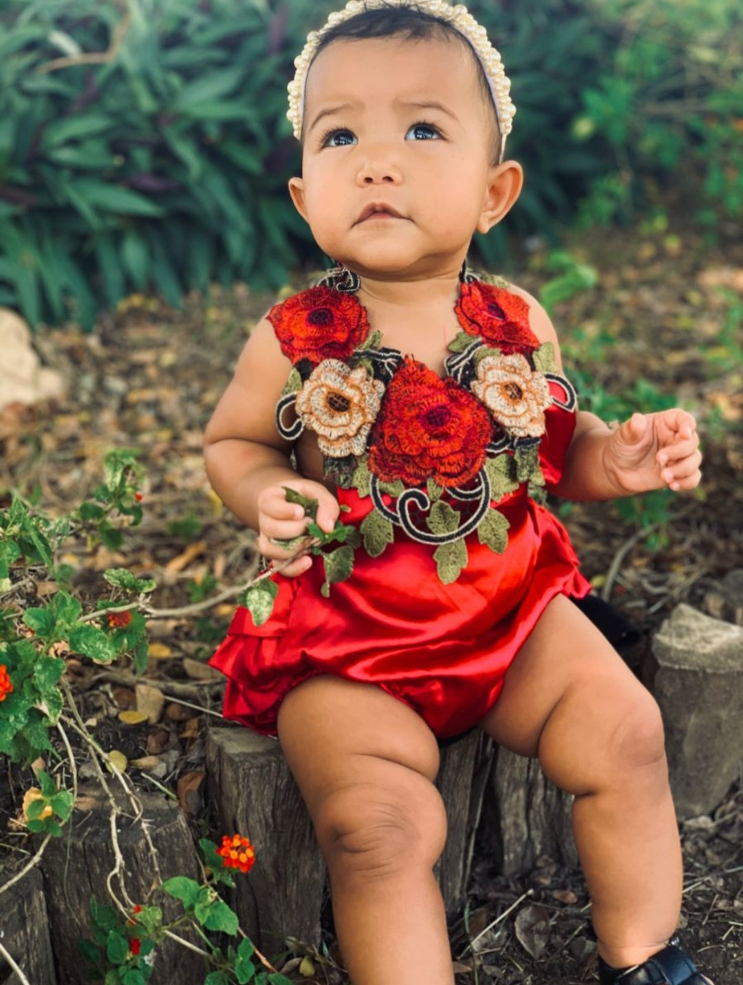 Red Silk Romper With Roses