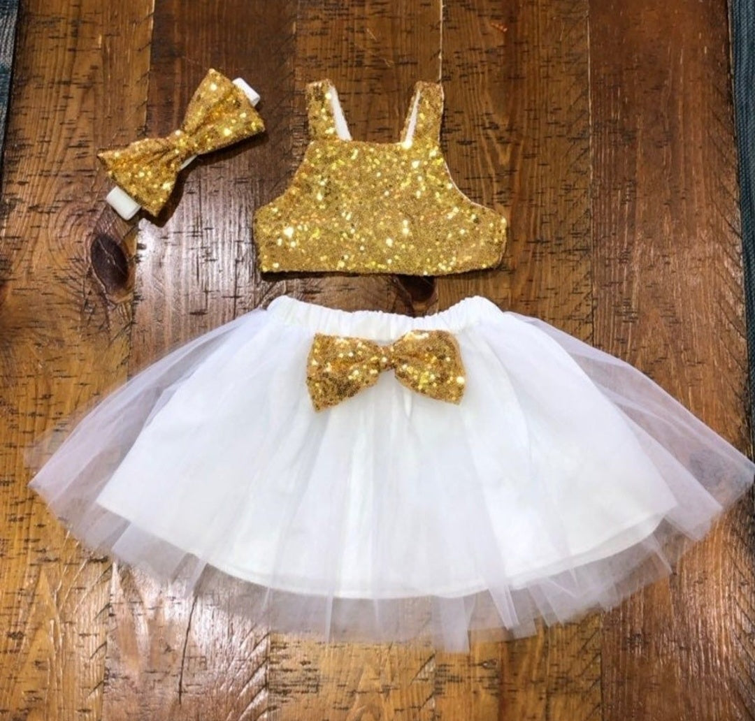 Gold Sequins Crop Top with Tutu and Headband