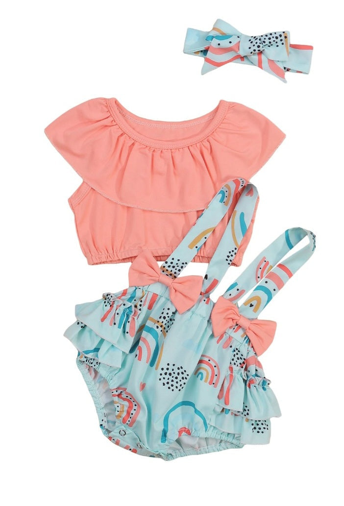 Peach Crop Top and Rainbow Overall Shorts and Headband