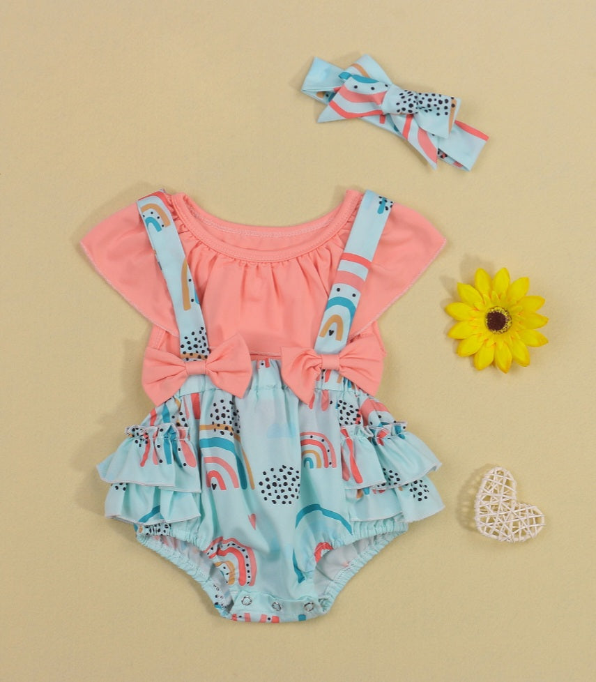 Peach Crop Top and Rainbow Overall Shorts and Headband