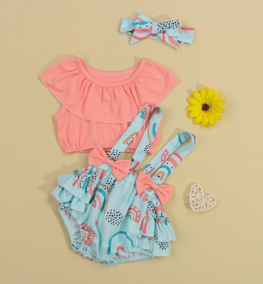 Peach Crop Top and Rainbow Overall Shorts and Headband