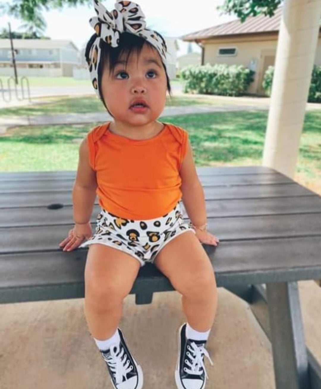 Orange Vest Romper with Leopard Bloomer and Headband