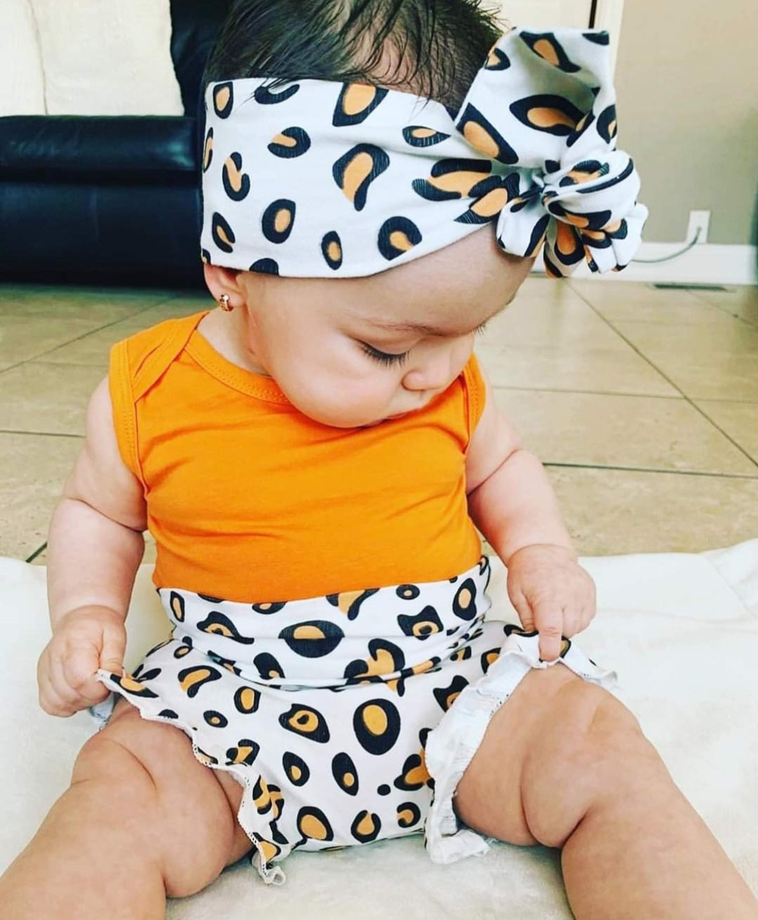 Orange Vest Romper with Leopard Bloomer and Headband