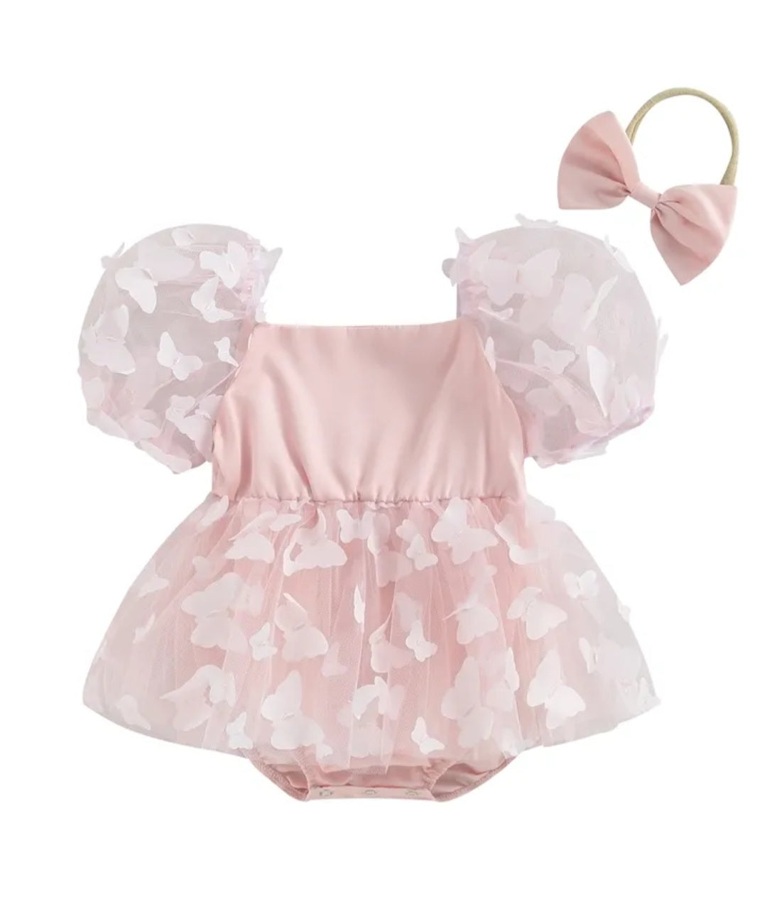 Pink Butterfly Puffy Sleeve Romper Dress
