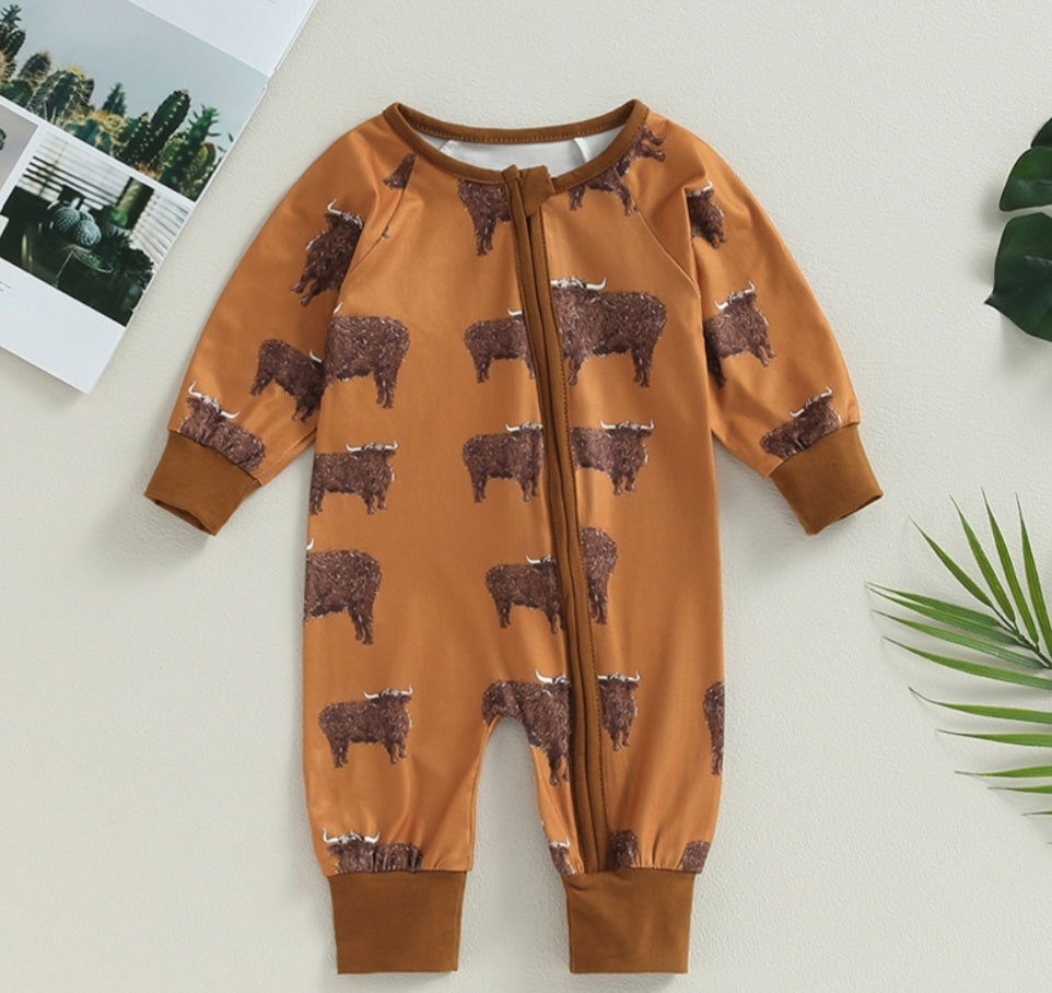 Tan Ranch Life Cow Romper with Side Zipper