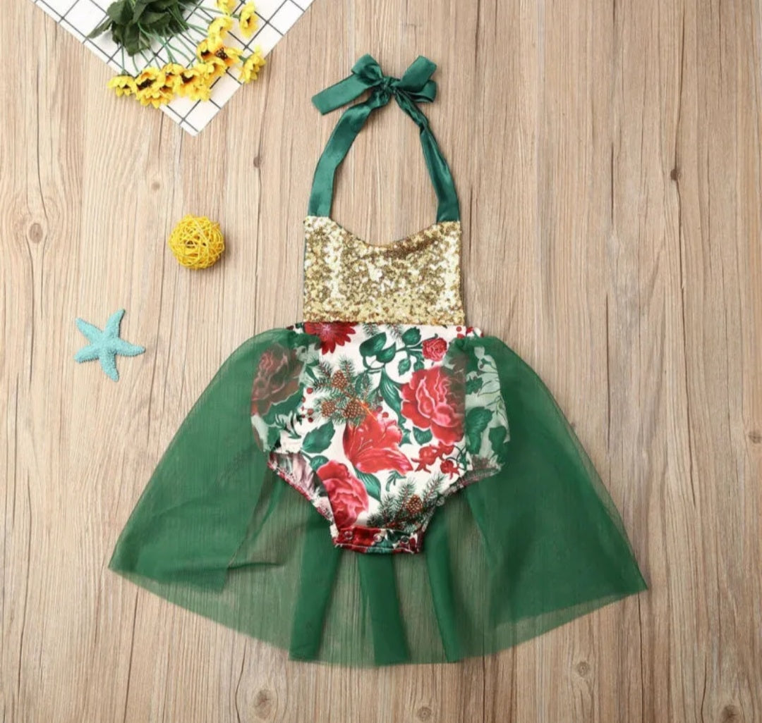 Green Floral Romper with Romantic Tutu 