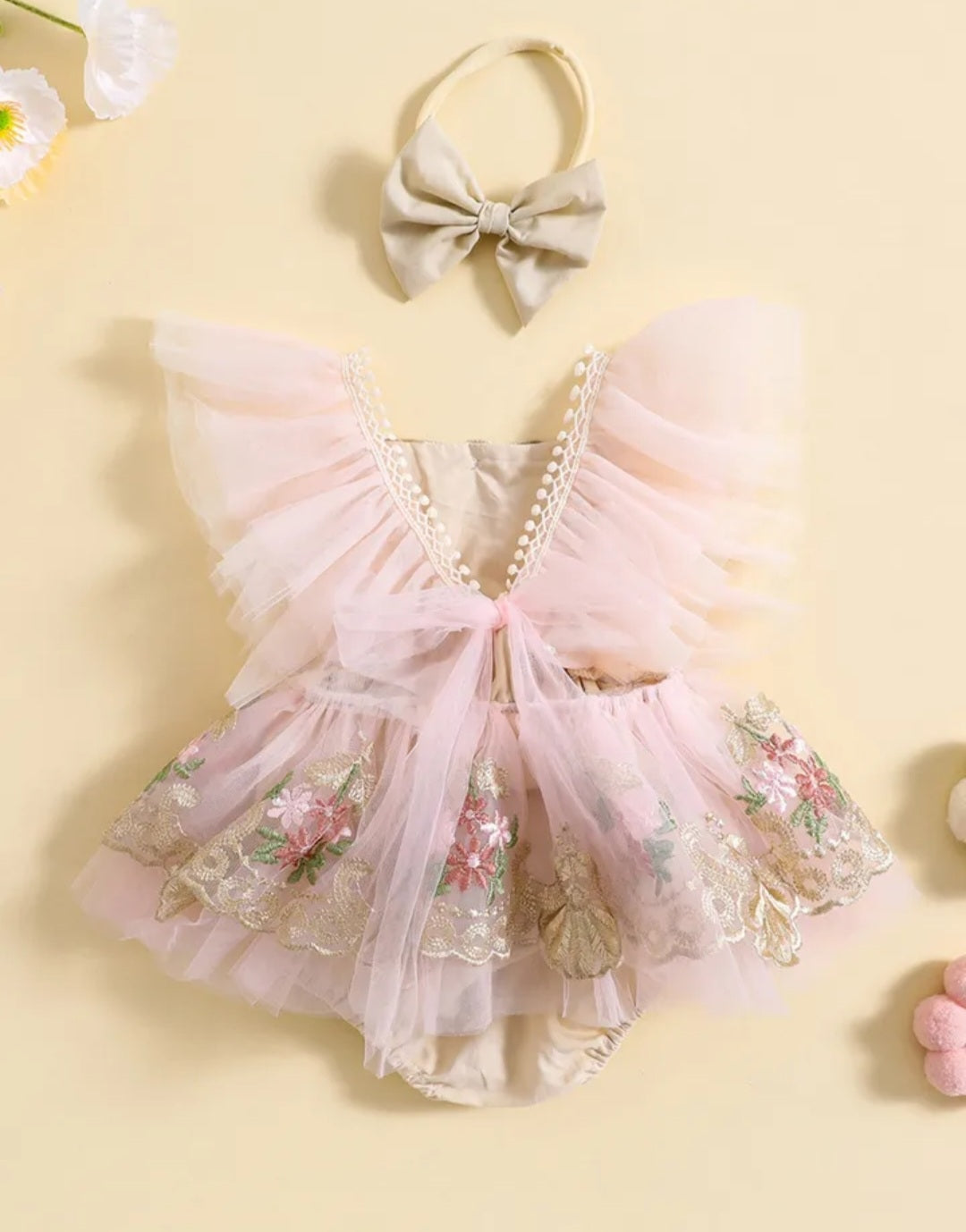 Ruffle Soft Pink Romper with Embroidered FloTulle and Headband