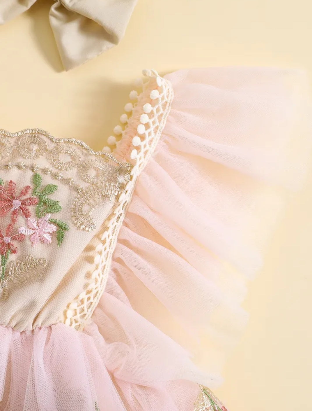 Ruffle Soft Pink Romper with Embroidered FloTulle and Headband
