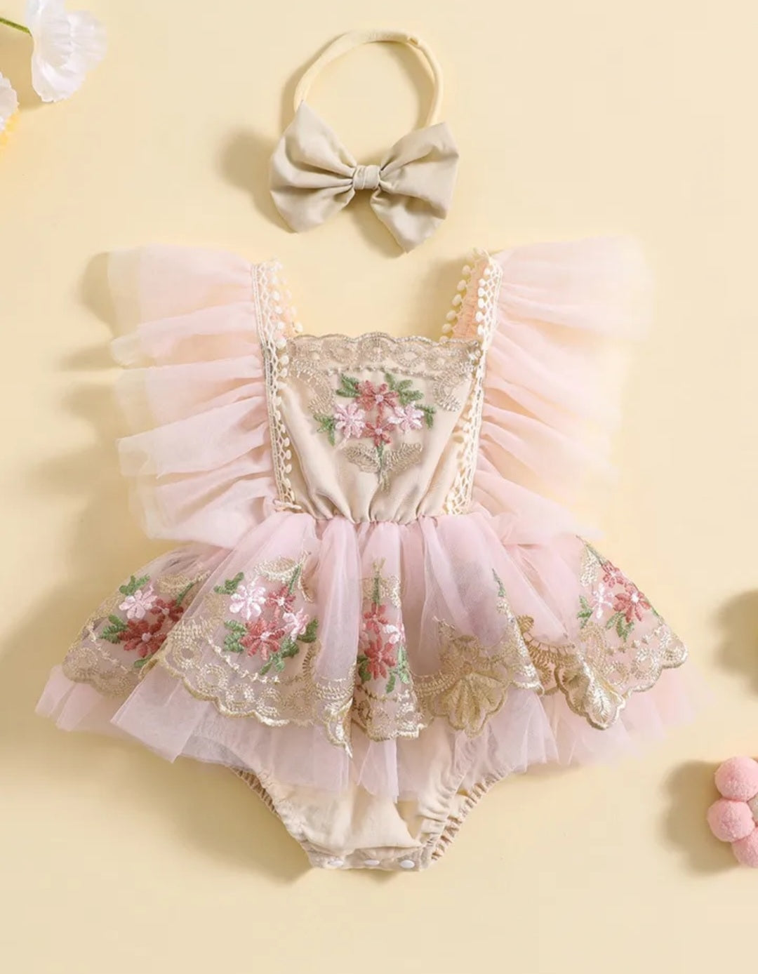 Ruffle Soft Pink Romper with Embroidered FloTulle and Headband