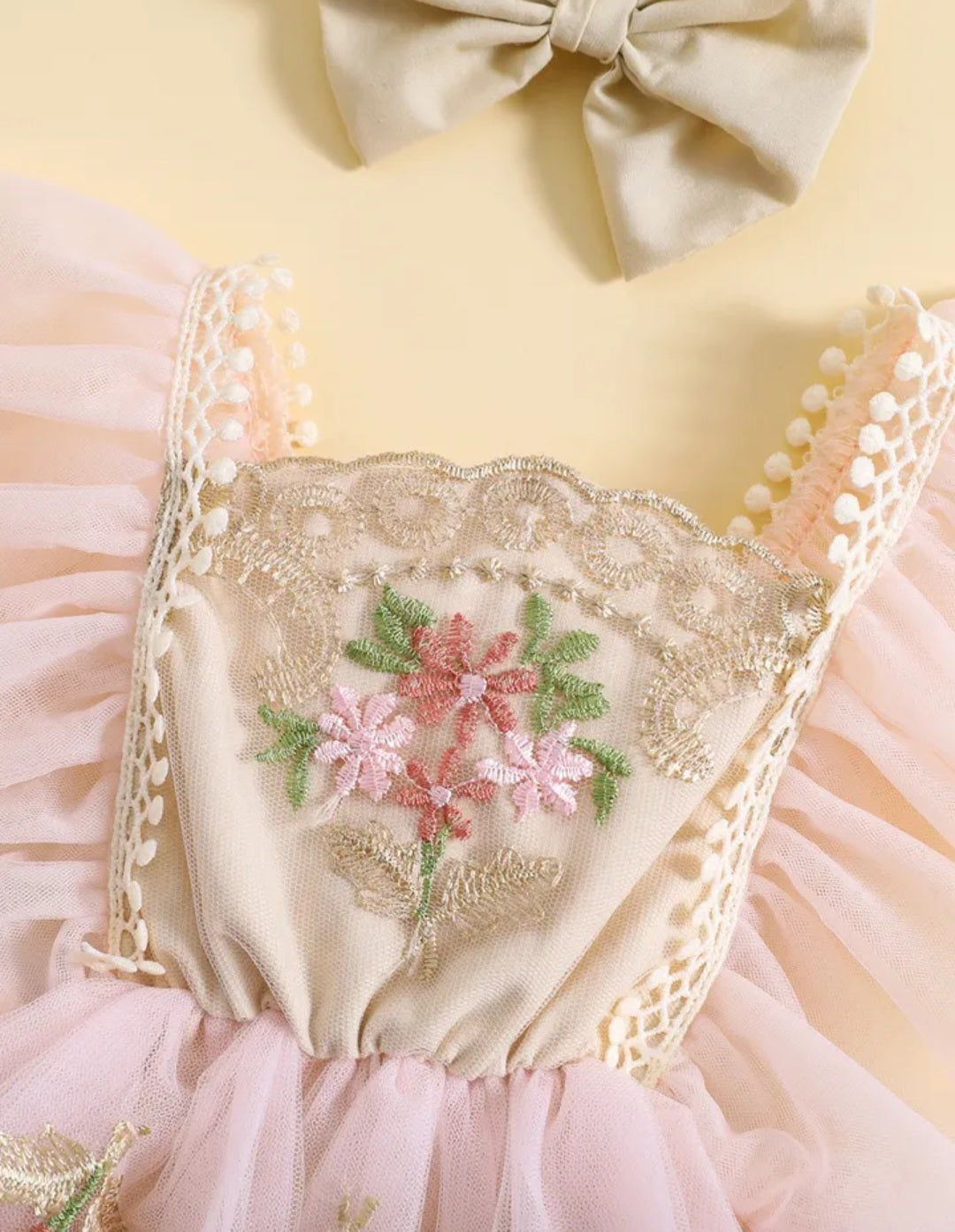 Ruffle Soft Pink Romper with Embroidered FloTulle and Headband