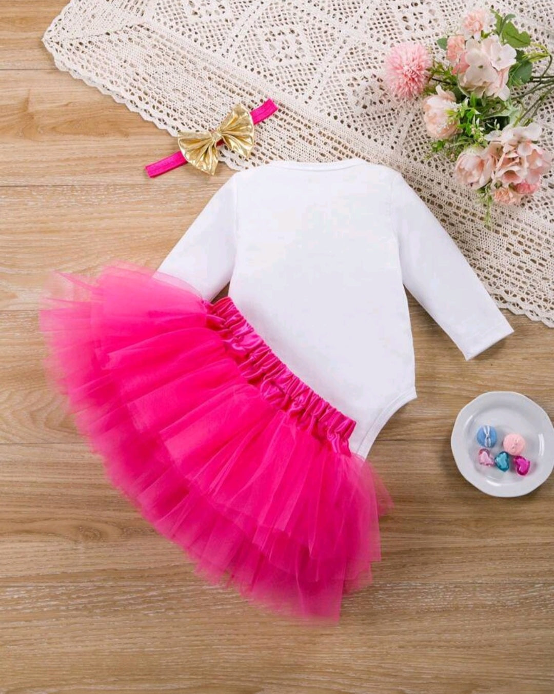 First Birthday Outfit will Long Sleeve, Cerise Pink Tutu and Headband