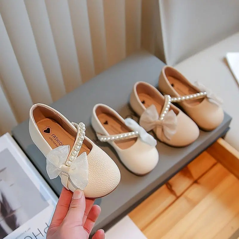 Pearl Bow Girls Party Dance Shoes Cream