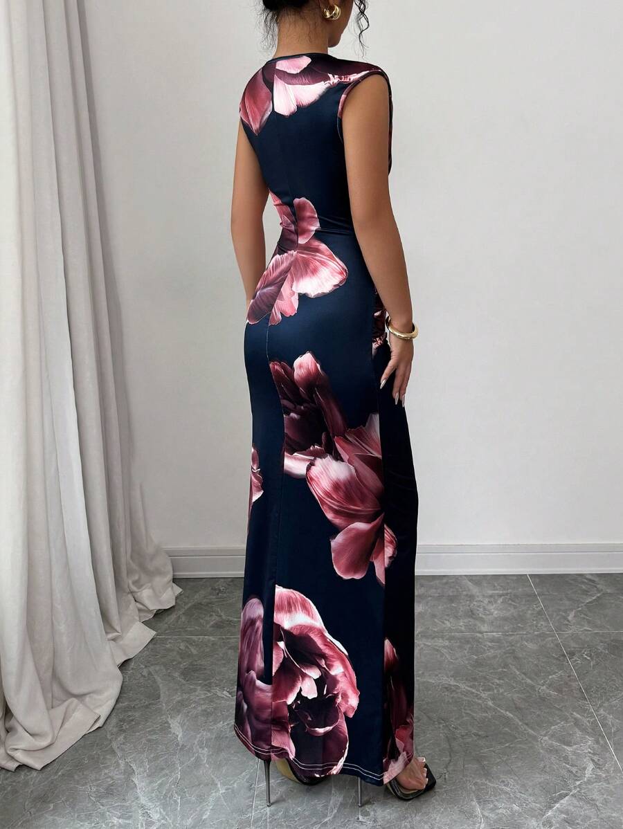 Round Neck Sleeveless Floral Printed Elegant Dress
