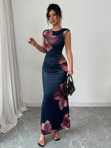 Round Neck Sleeveless Floral Printed Elegant Dress