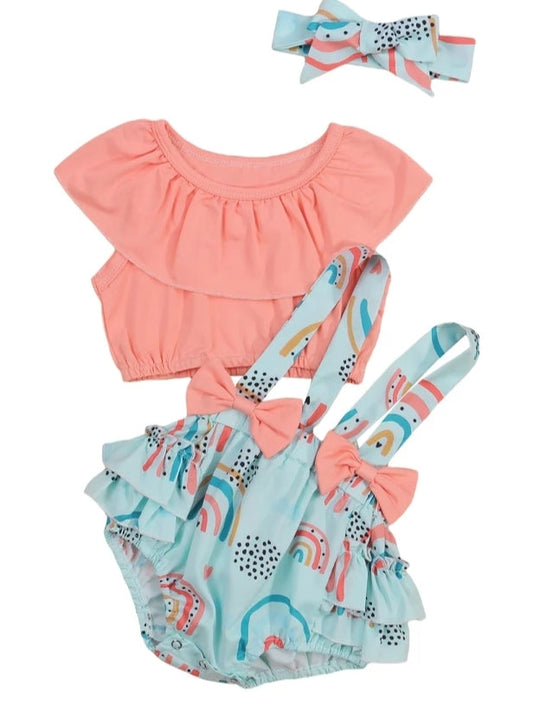 Peach Crop Top and Rainbow Overall Shorts and Headband