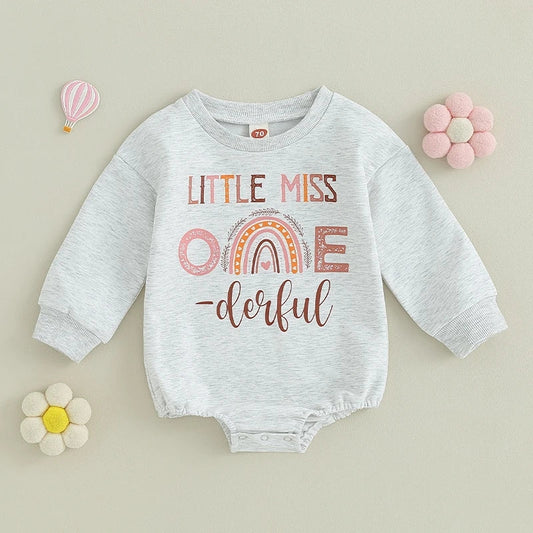 Little Miss One Derful Crewnek Birthday Romper, Gray