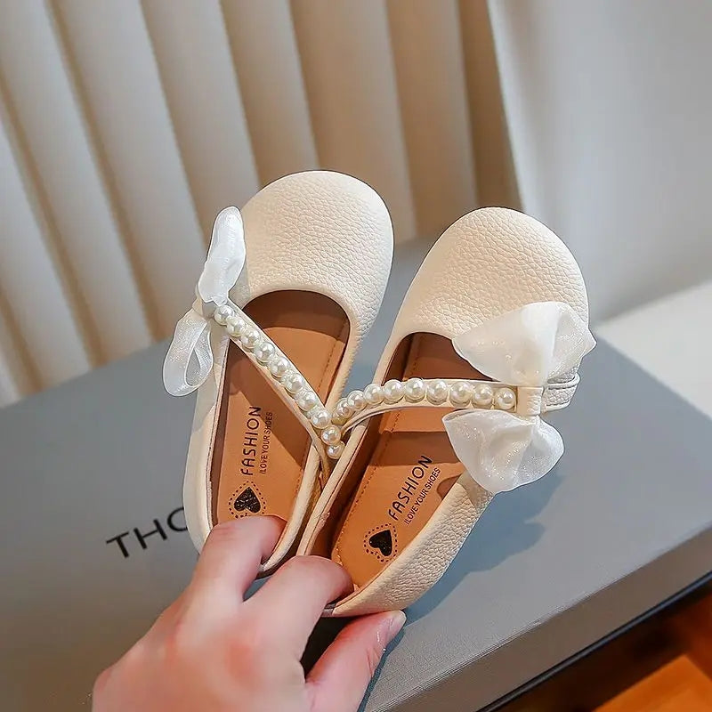 Pearl Bow Girls Party Dance Shoes Cream