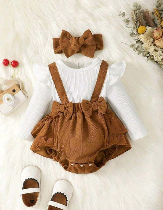 Ribbed White Romper with Brown Corduroy Suspended Bloomer (Overall) and Headband