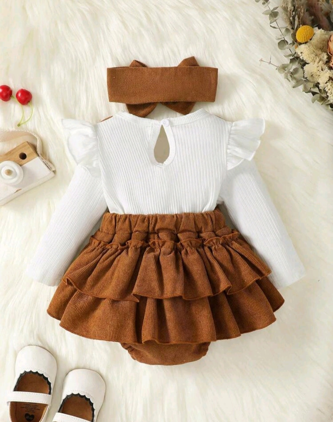 Ribbed White Romper with Brown Corduroy Suspended Bloomer (Overall) and Headband