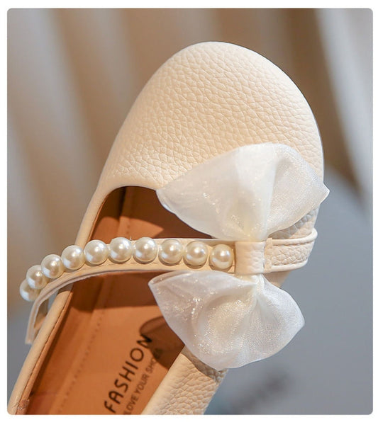 Pearl Bow Girls Party Dance Shoes Cream